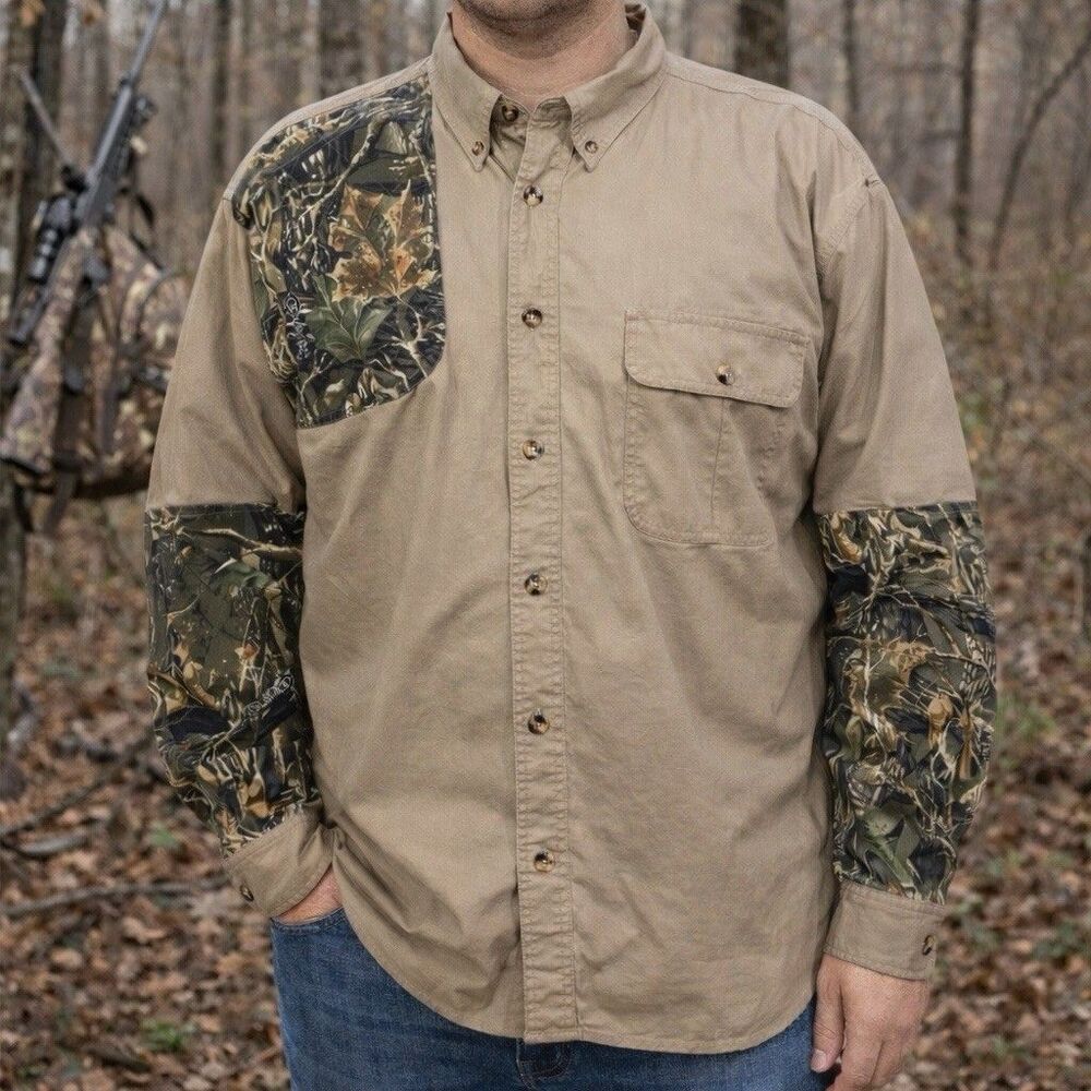 Cabela’s Men XL Khaki Camo Hunting Shirt Button Up Long Sleeve Outdoors Gorpcore
